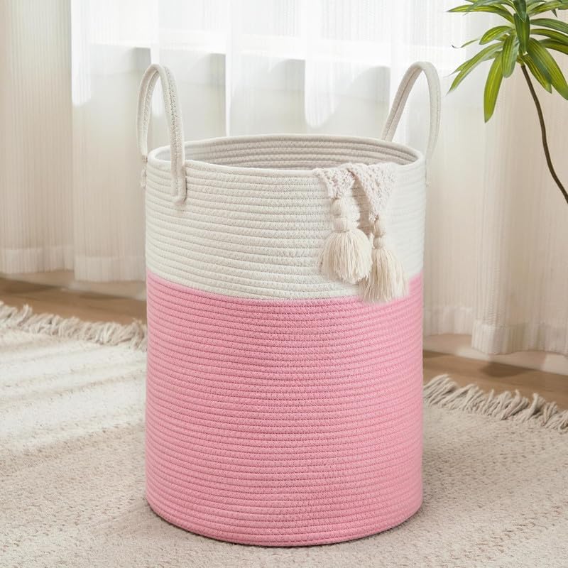Rope Laundry Hamper Storage Basket for Clothes, Towels and Blankets, Pink and White, Nursery, Bedroom, Livingroom