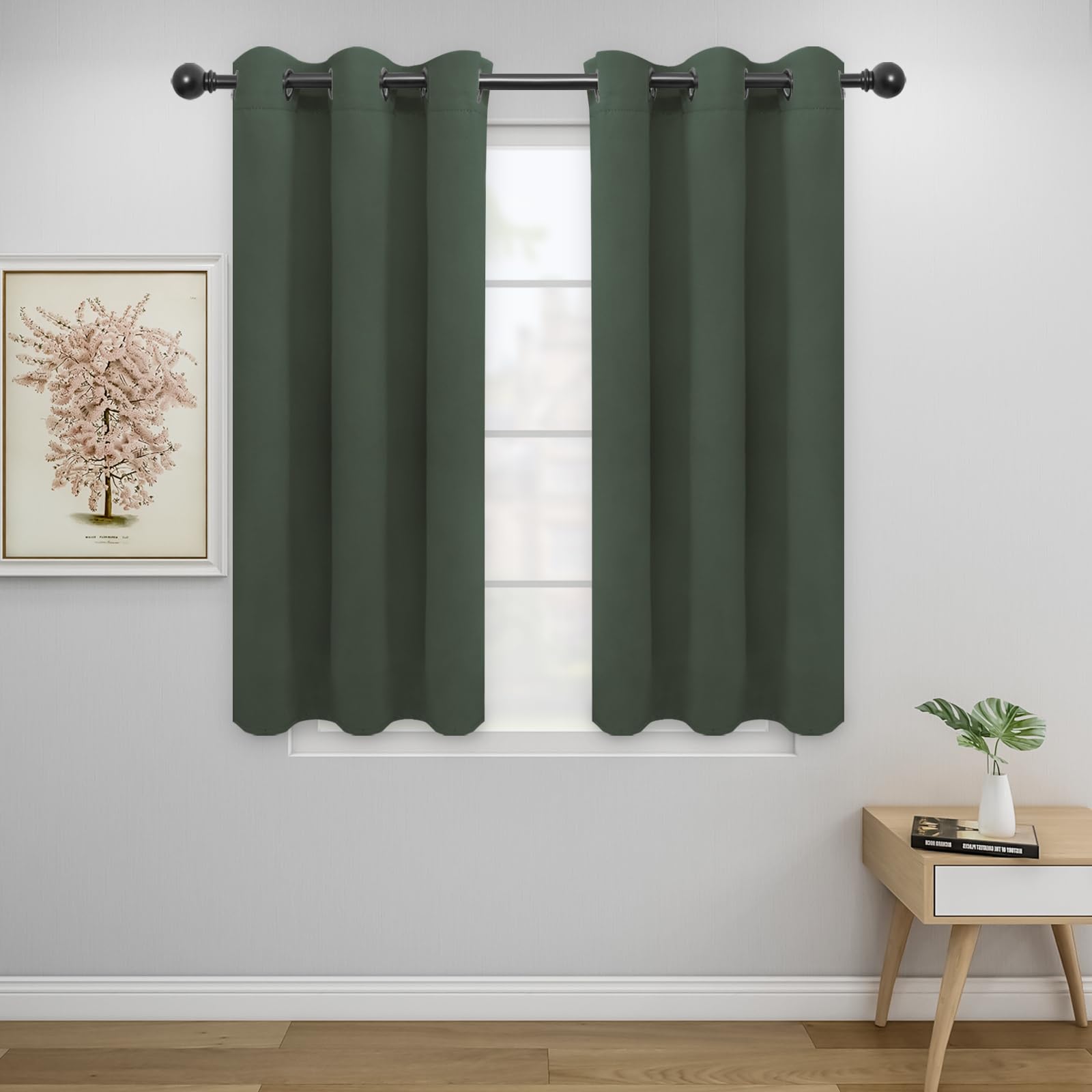 Easy-Going Blackout Curtains For Bedroom, Solid Thermal Insulated Grommet And Noise Reduction Window Drapes, Room Darkening Curtains For Living Room, 2 Panels (34X45 In, Greyish Green)