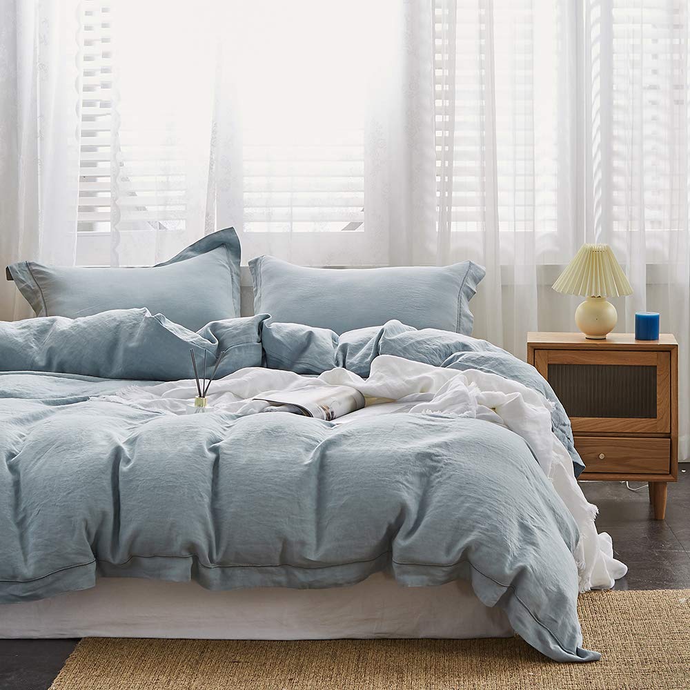 Simple&Opulence 100% Linen Duvet Cover Set With Embroidery Washed - 3 Pieces (1 Duvet Cover & 2 Pillow Shams) With Button Closur