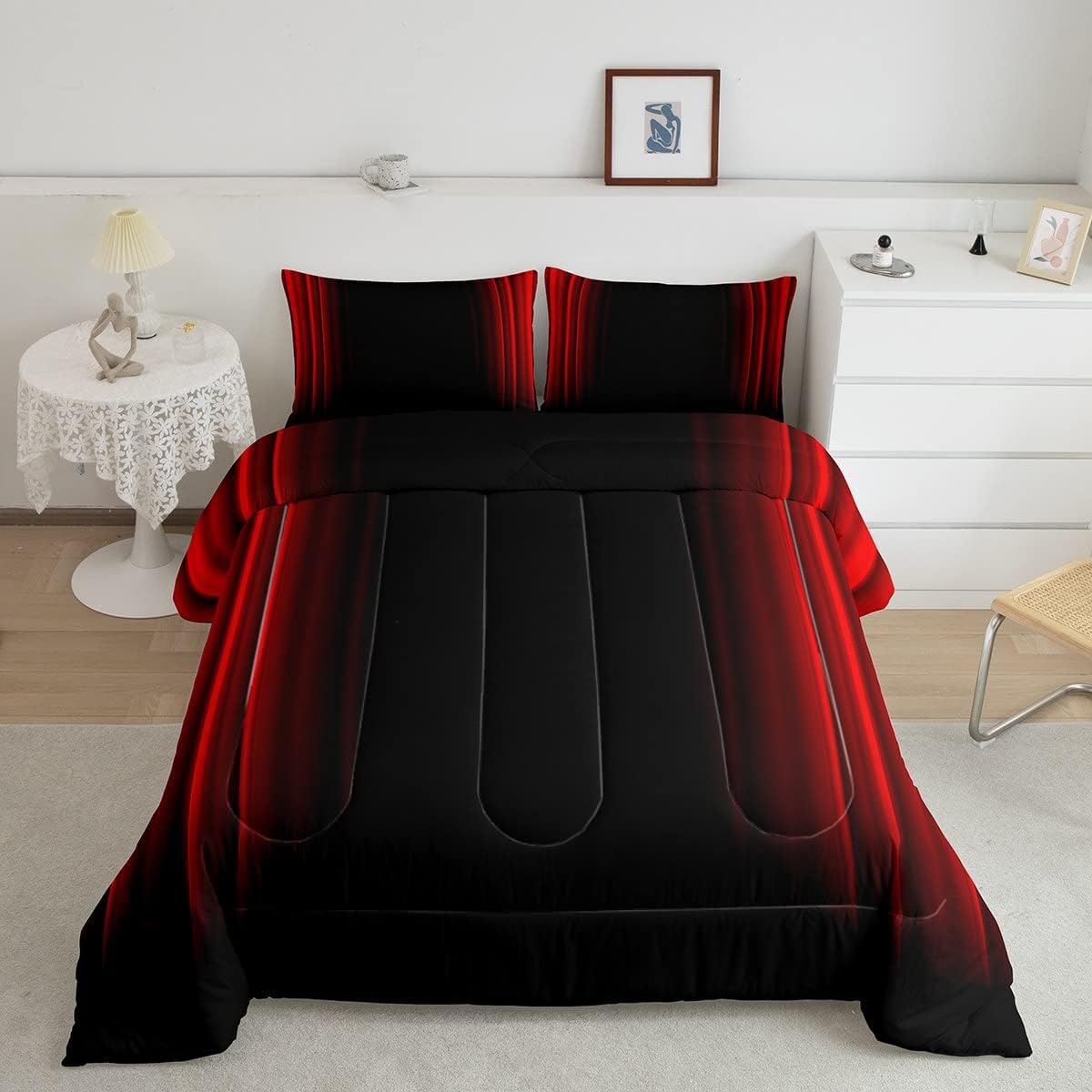 Feelyou Abstract Ombre Women Comforter Set Kids Teens Red And Black Bedding Set Room Decor 3Pcs King Size