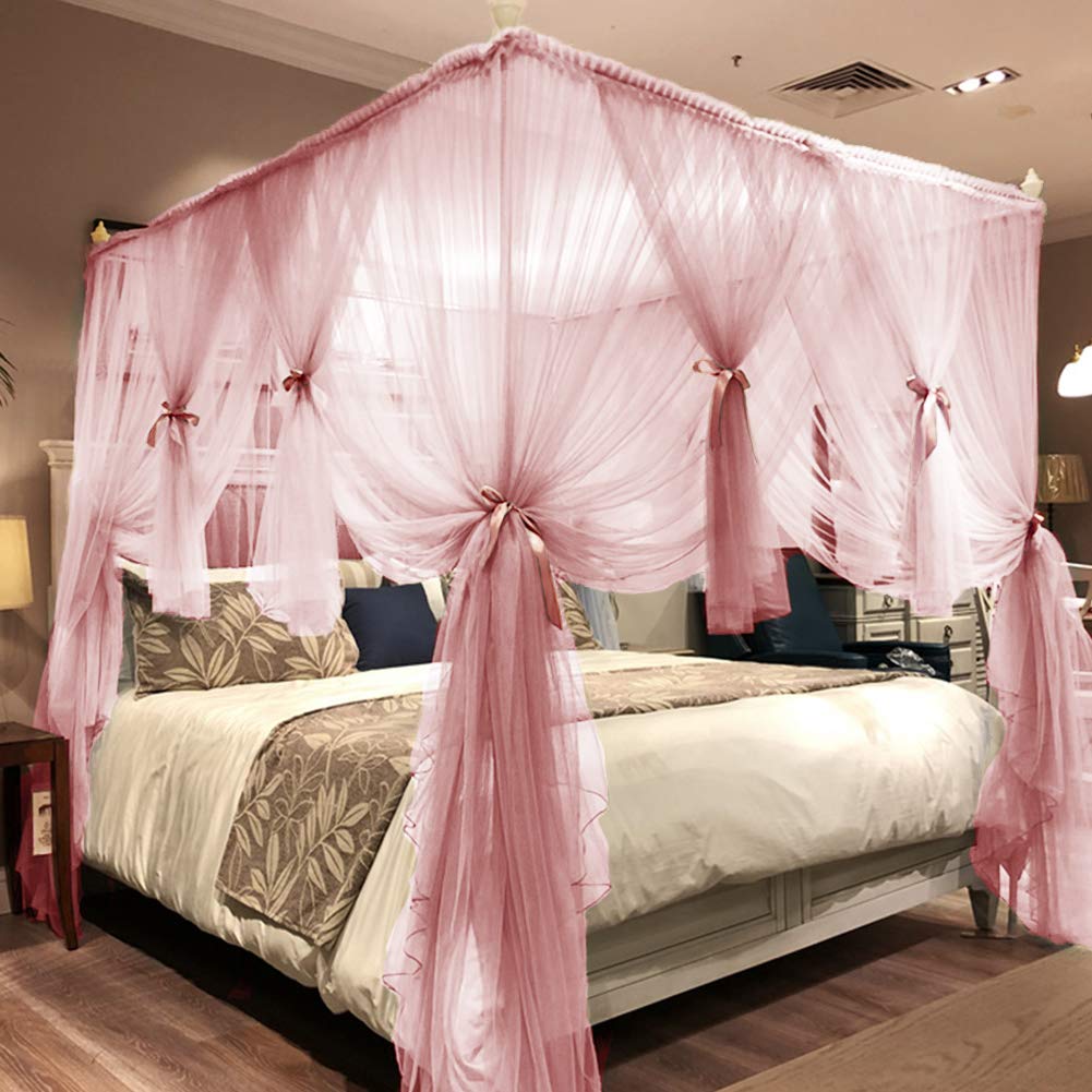 Joyreap 4 Corners Post Pink Canopy Bed Curtain For Girls & Adults - Royal Luxurious Cozy Drapes - Cute Princess Bedroom Decorati