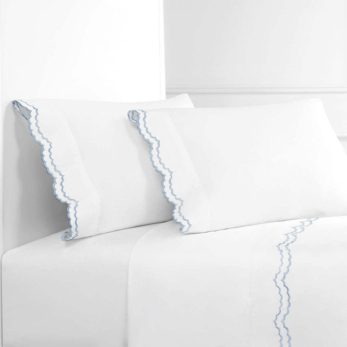M  Lange Home Double Scalloped Percale Weave Embroidered Queen Size White Sheet Set 300 Thread Count 100% Cotton - Cool Crisp Lu