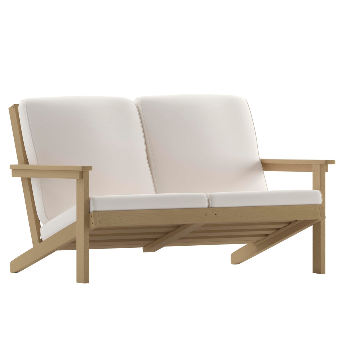 Flash Furniture Charlestown Adirondack Style Deep Seat Patio Loveseat with Cushions - Natural Cedar Poly Resin Frame - Cream All-Weather Cushions - Indoor/Outdoor