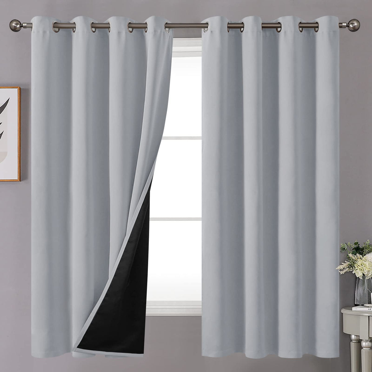 Youngstex 100% Blackout Curtains For Bedroom With Double Layer, Grommet Thermal Insulated Total Room Darkening Light Grey Drapes