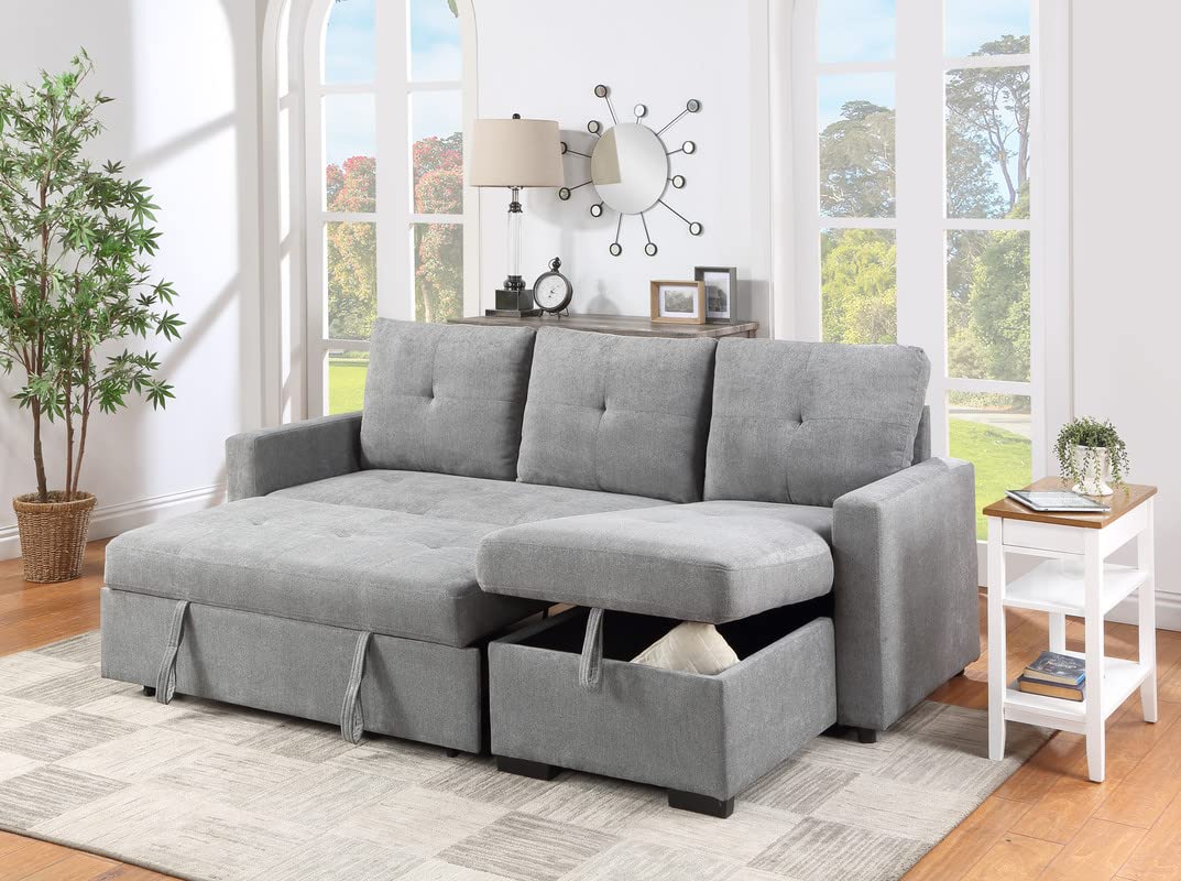Lilola Home Serenity Gray Fabric Reversible Sleeper Sectional Sofa with Storage Chaise
