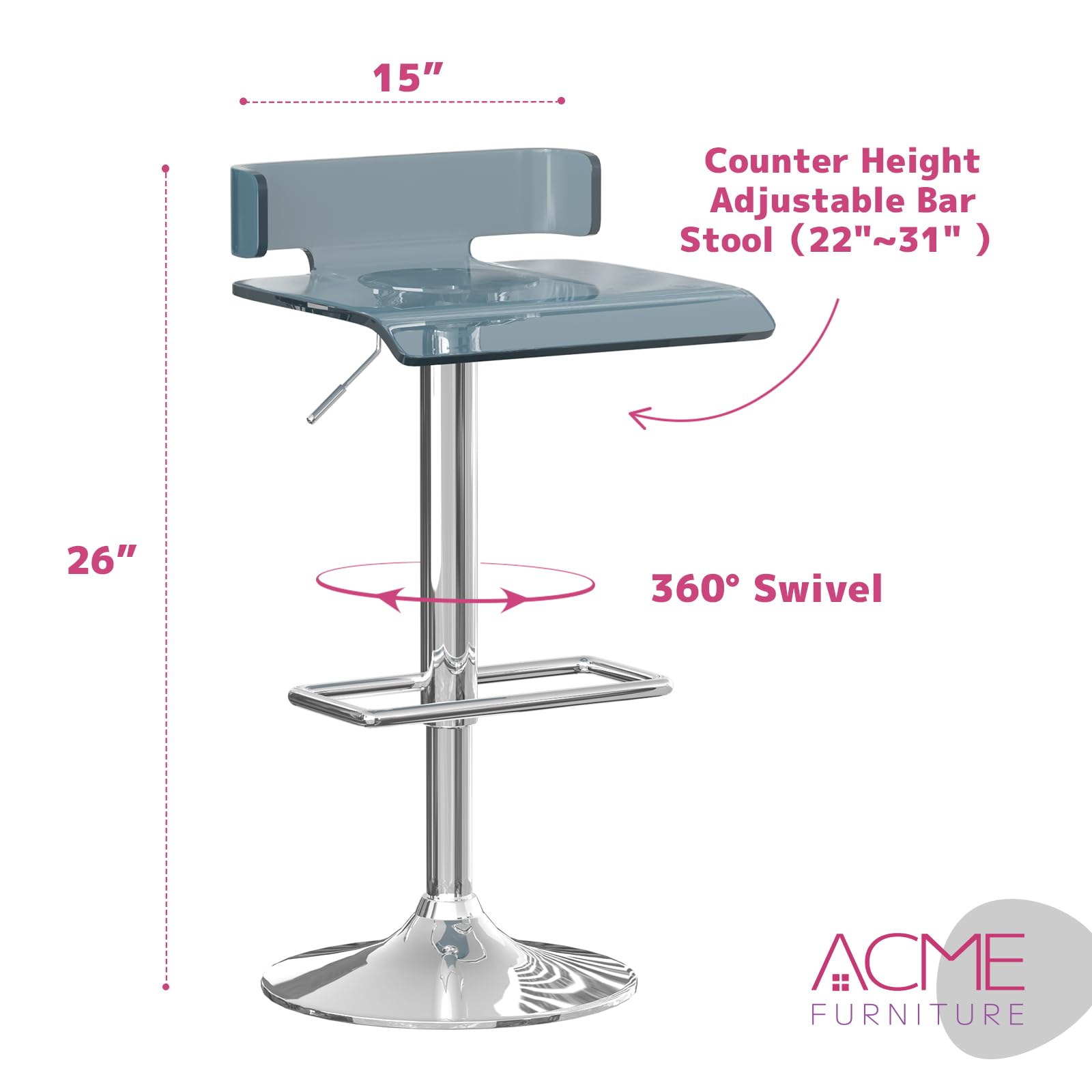 Acme Rania Swivel Adjustable Bar Stool In Gray