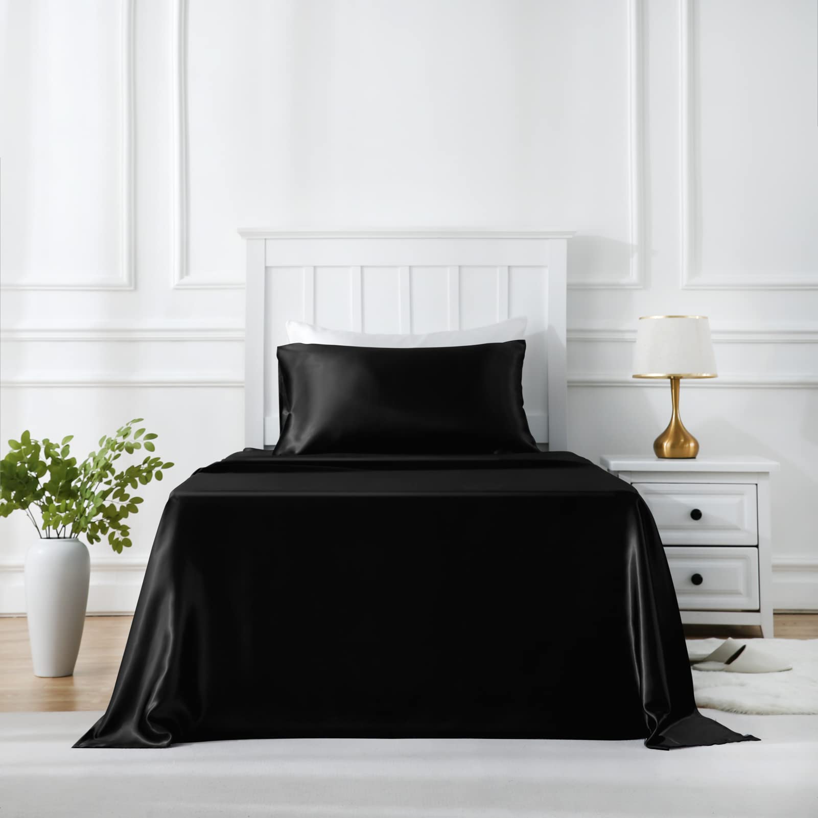 Golal Satin Sheets Twin Size - 3 Pieces Luxury Silky Soft Bed Sheets For Kids, Wrinkle-Free Black Satin Silk Sheet Set With 1 Deep Pocket Fitted Sheet, 1 Flat Sheet, 1 Pillow Case