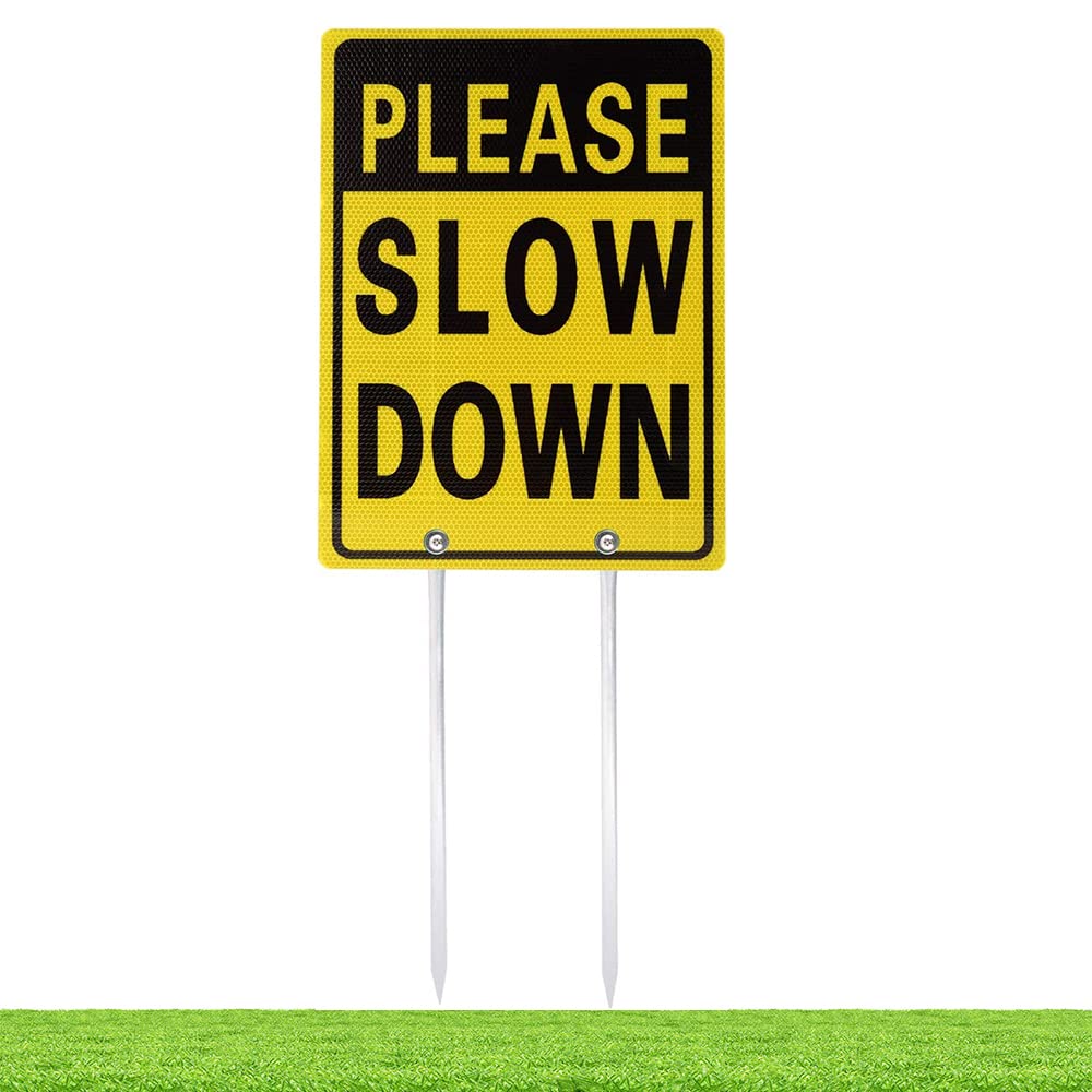Kichwit Double Sided Aluminum Please Slow Down Sign Reflective Metal Sign With Stakes, Sign Measures 11.8' X 15.8', 14' Long