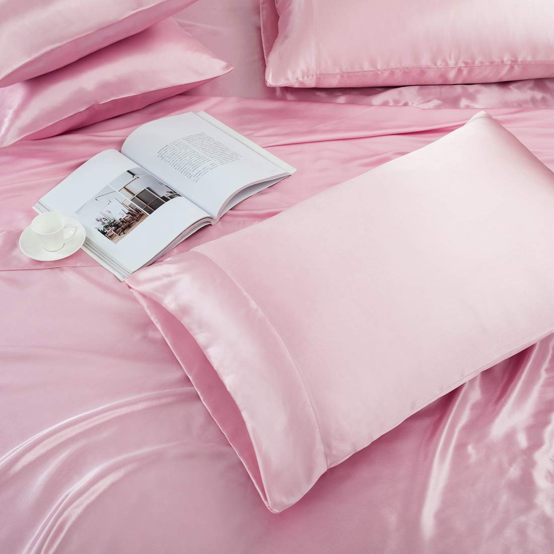 Treely Satin Sheet Set - King Size, 6 Pieces, Pink, Deep Pocket, Silky Soft, Breathable