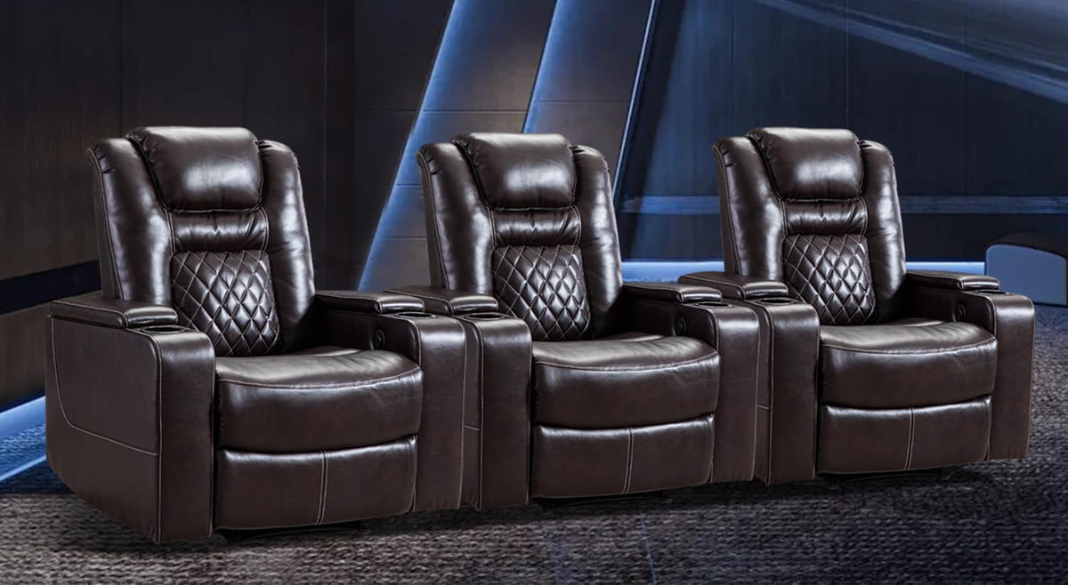 Canmov Electric Power Recliner Chair Set Of 3, Breathable Leather Home Theater Seating With Hidden Arm Storage, Power Recliner C