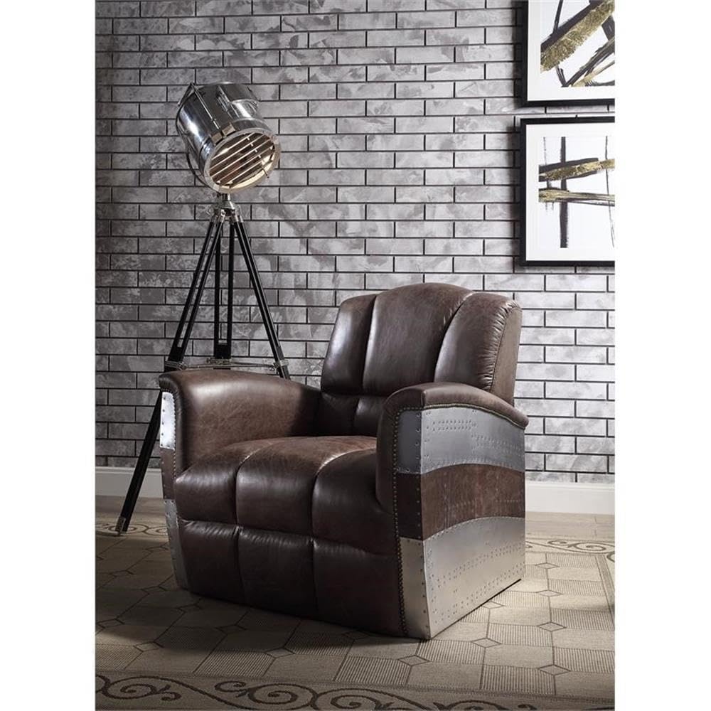 Acme Brancaster Top Grain Leather Accent Chair in Retro Brown and Aluminum