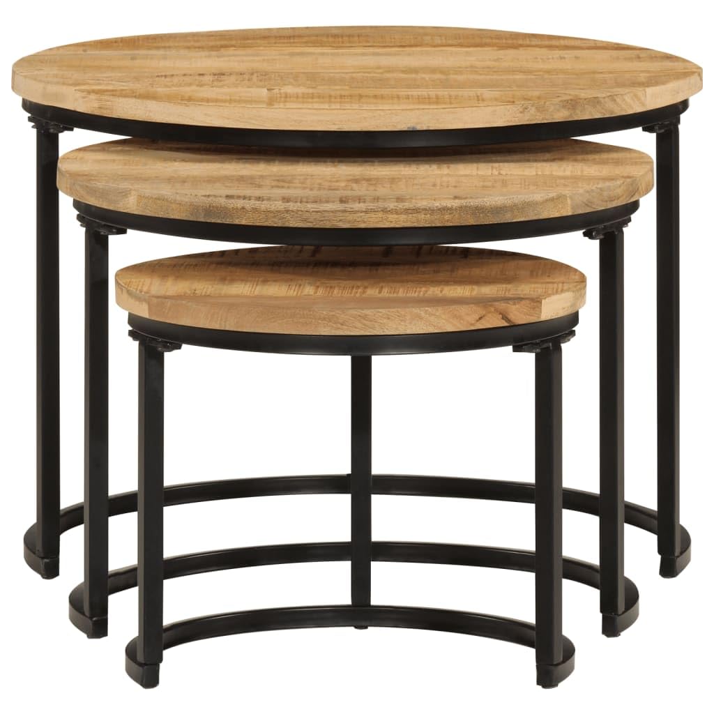 vidaXL Solid Rough Mango Wood Nesting Tables - 3 pcs Set of Round Stacking Coffee Tables with Industrial Design for Living Room, Bedroom, and Office Use