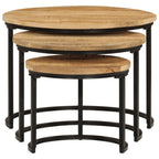 vidaXL Solid Rough Mango Wood Nesting Tables - 3 pcs Set of Round Stacking Coffee Tables with Industrial Design for Living Room, Bedroom, and Office Use