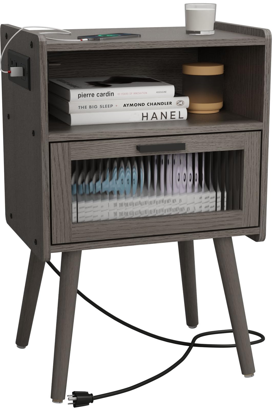 Mid Century Modern Nightstand With Charging Station, Bedside Tables With Glass Drawer, End Table Side Table With 2 Tiers Storage Space, For Bedroom, Living Room, Dark Grey