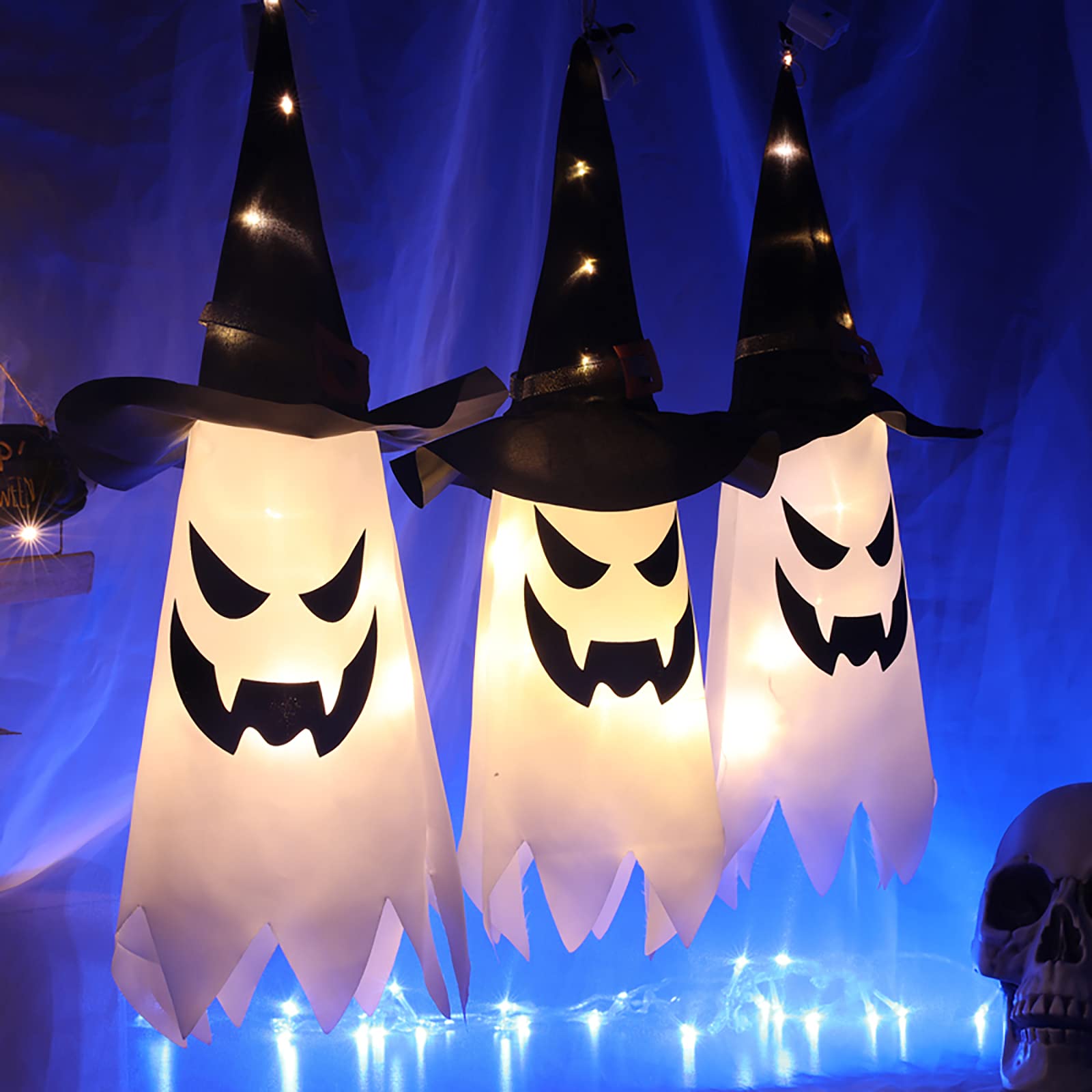 Halloween Decorations Outdoor Decor Hanging Lighted Glowing Ghost Witch Hat Halloween Decorations Indoor Outside Ornaments Clear
