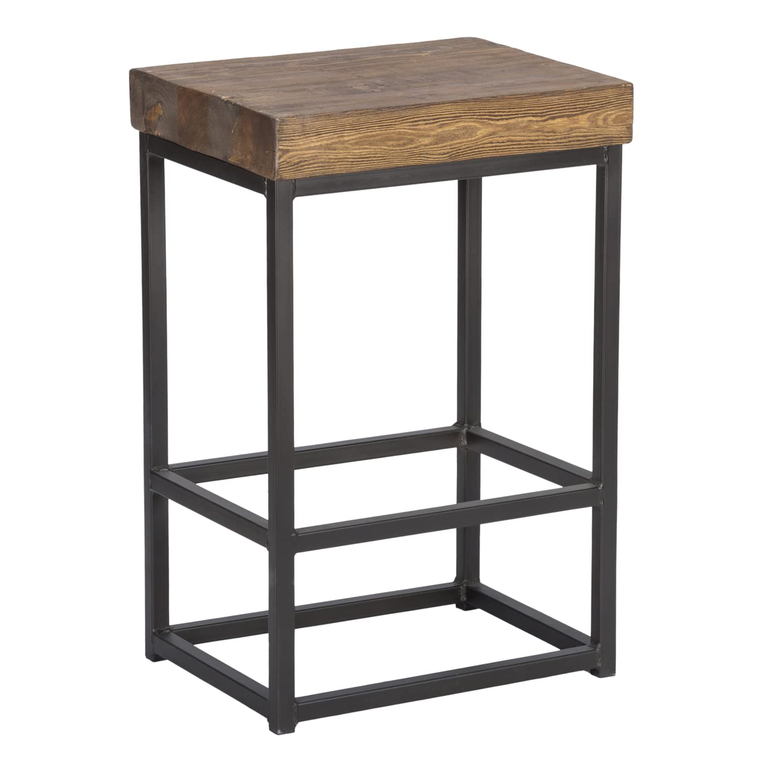 Benjara Industrial Style Wooden Counter Height Stool with Iron Open Base, Brown and Black