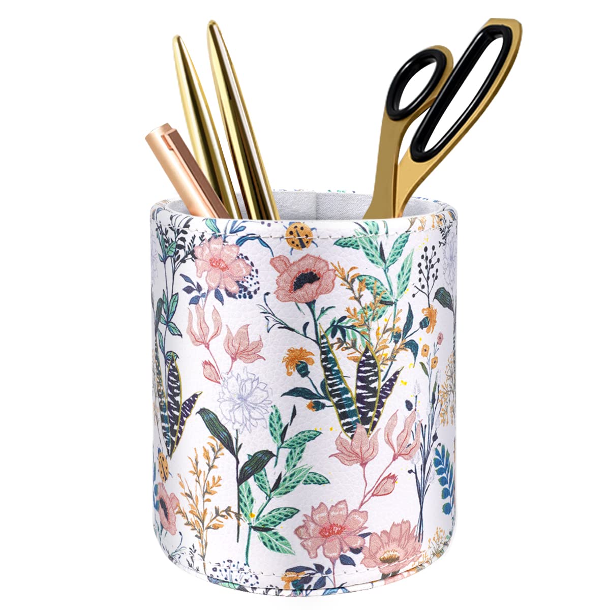 Waveyu Pen Holder For Women Girls, Aesthetic Desk Office Accessories, Cute Floral Makeup Brush Holder, Leather Multi-Functional