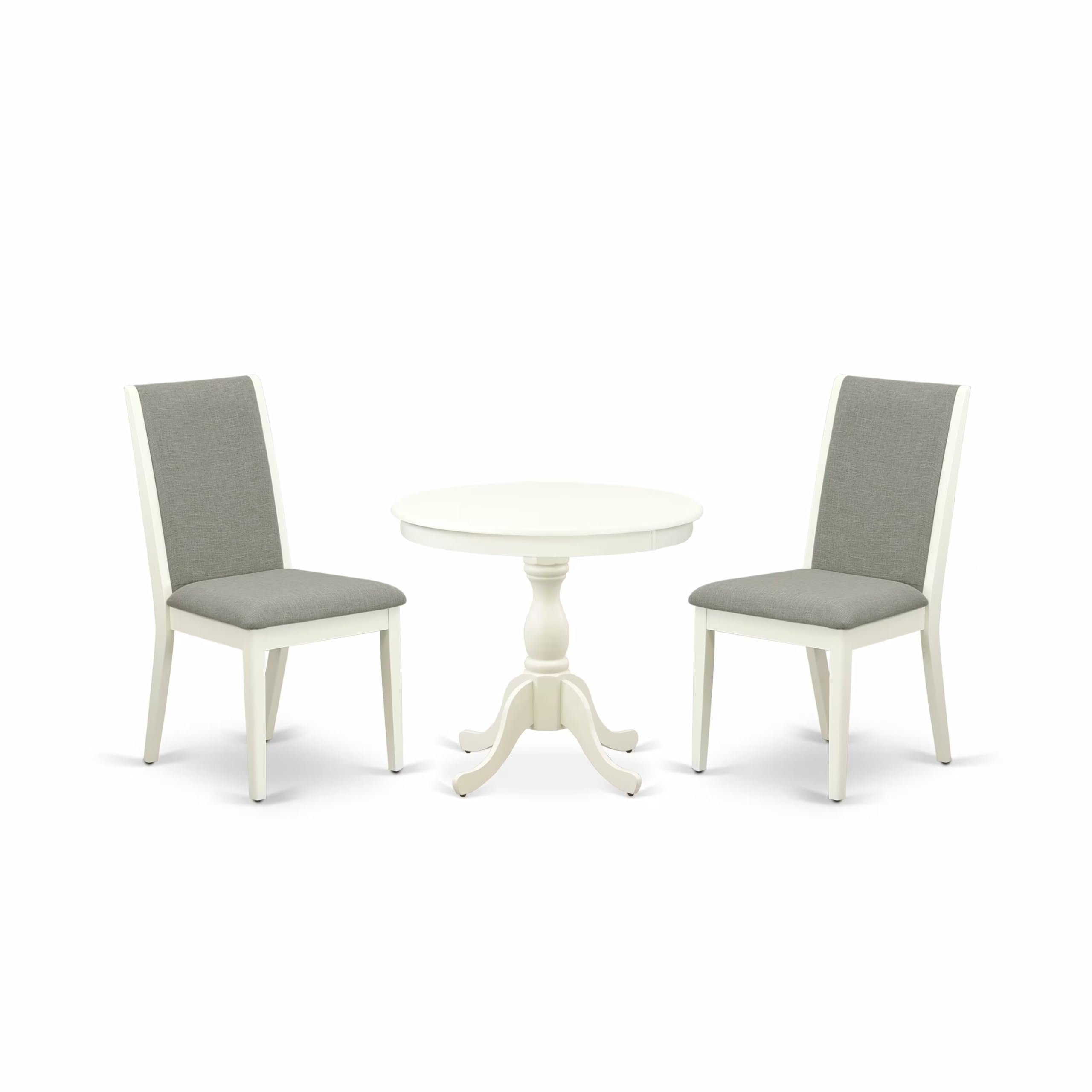 East West Furniture AMLA3-LWH-06 3 Piece Kitchen Table & Chairs Set Contains a Round Dining Room Table with Pedestal and 2 Shitake Linen Fabric Parsons Chairs, 36x36 Inch, Linen White