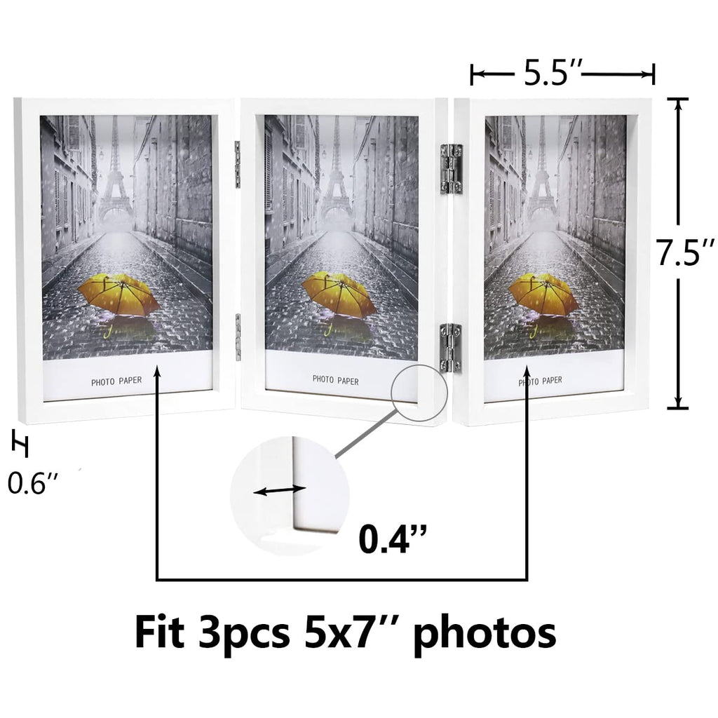3 Picture Frame 5X7 Triple Hinged Mdf Wood With Glass Front Three Opening Photo Frame Stand Vertical On Tabletop,White
