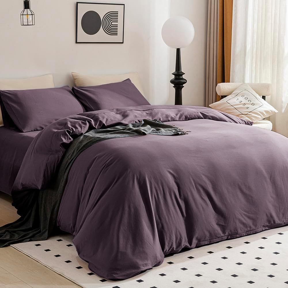 Jellymoni Purple Bedding Duvet Cover Set - 100% Washed Cotton Linen Like Textured California King Comforter Cover, 3 Pieces Soft