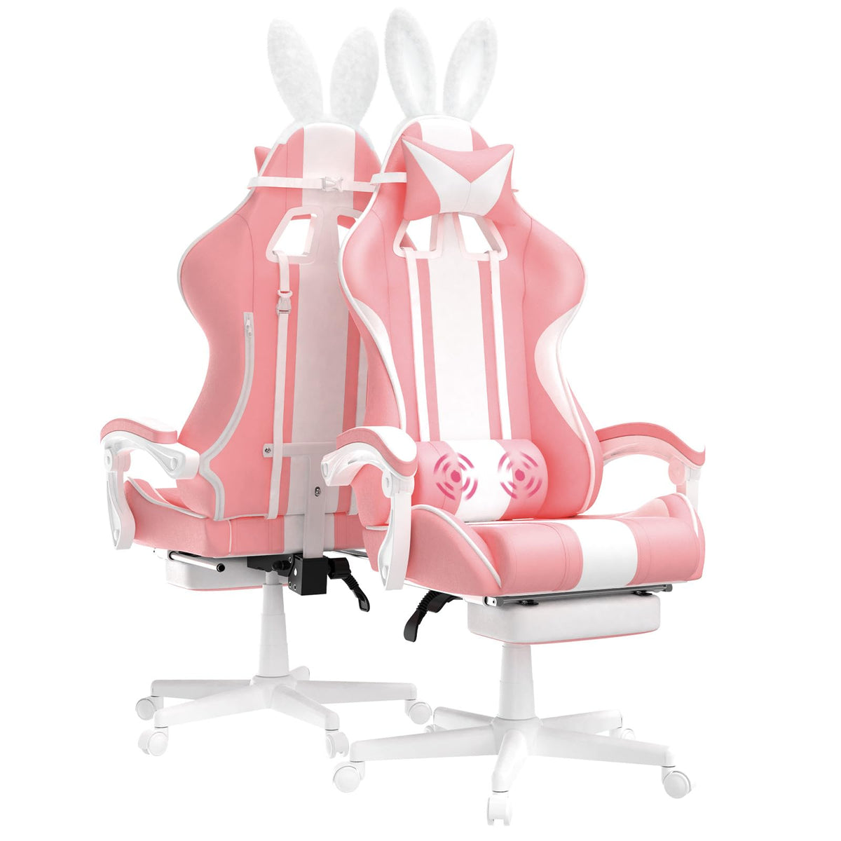 Ferghana Kawaii Pink Gaming Chair With Bunny Ears, Ergonomic Cute Gamer Chair With Footrest And Massage, Racing Reclining Leather Office Computer Game Chair 250Lbs For Girls Adults Teens Kids