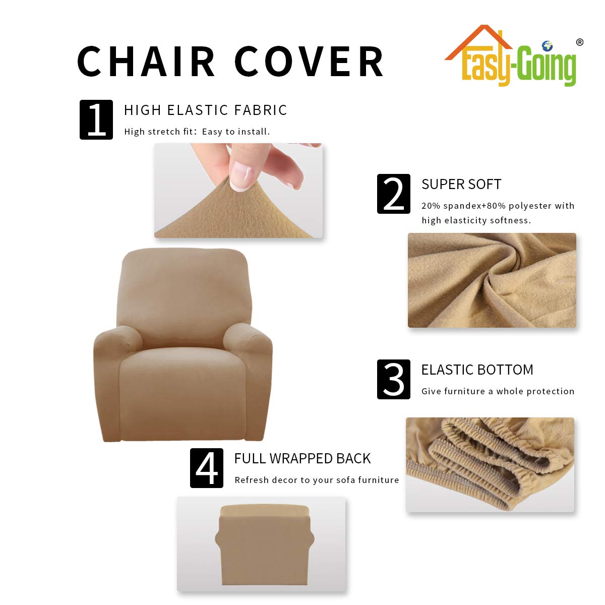 Easy-Going 4 Pieces Microfiber Stretch Recliner Slipcover – Spandex Soft Fitted Sofa Couch Cover, Washable Furniture Protector With Elastic Bottom For Kids, Pet(Recliner, Camel)