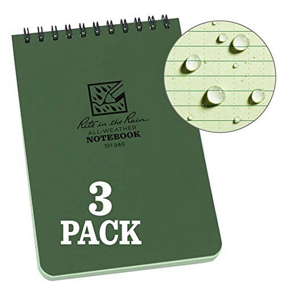 Rite In The Rain Weatherproof Top Spiral Notebook, 4' X 6', Green Cover, Universal Pattern, 3 Pack (No. 946-3)