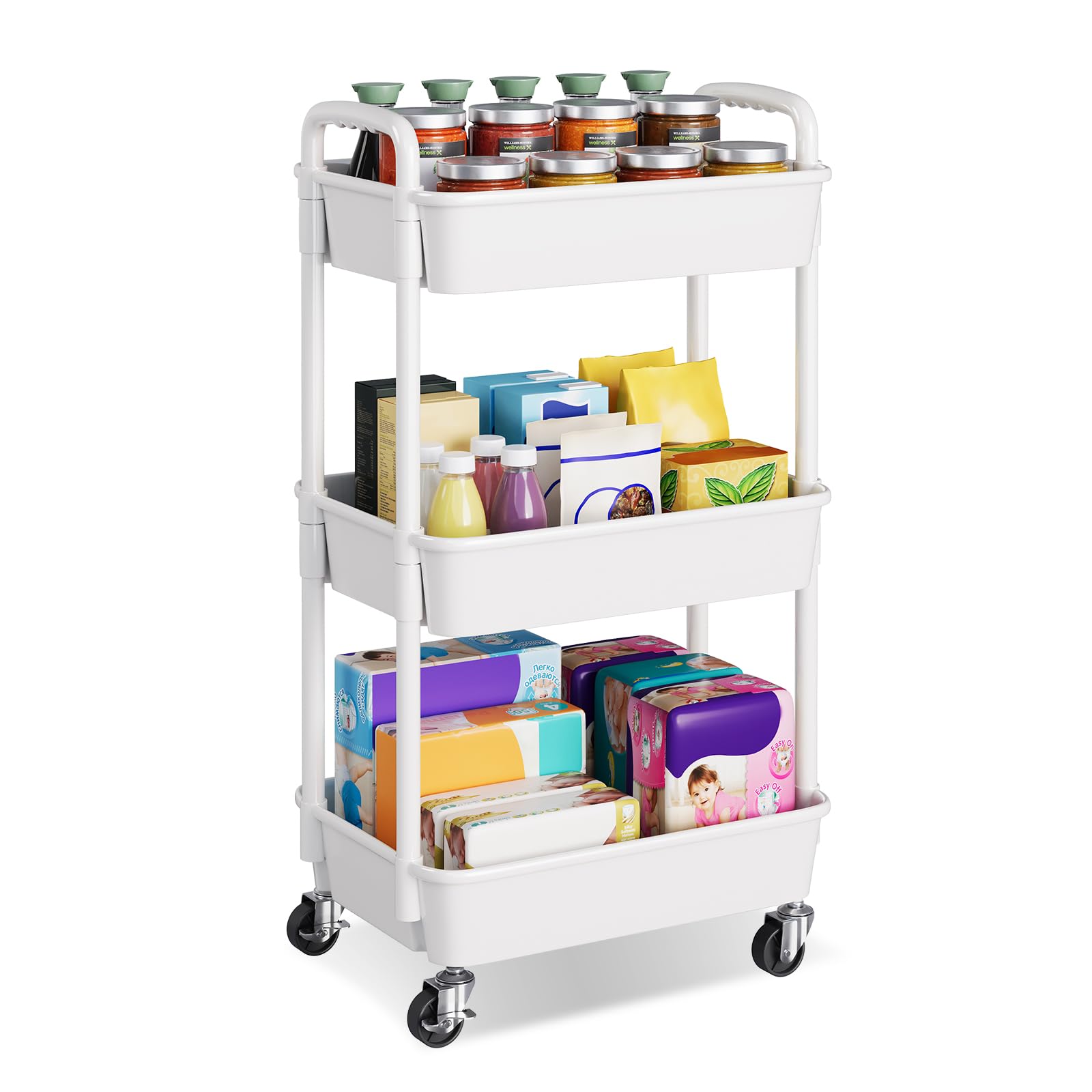 3 Tier Plastic Rolling Cart with Wheels, White Three Tiered Craft Cart Organizer on Lockable Wheels, Utility Roller Storage Cart