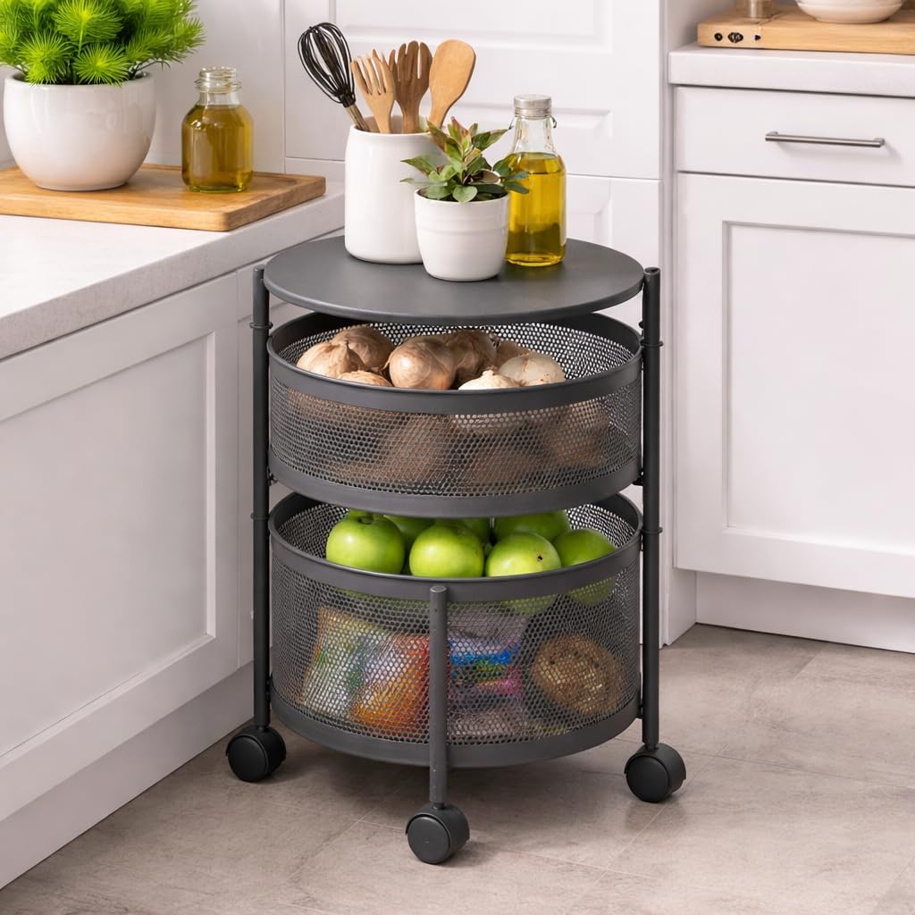 Homewiz Round Kitchen Rack 2 Layer | Lifetime Usage Heavy Duty Steel Trolley | Kitchen Storage | Onion Potato Rack For Kitchen 