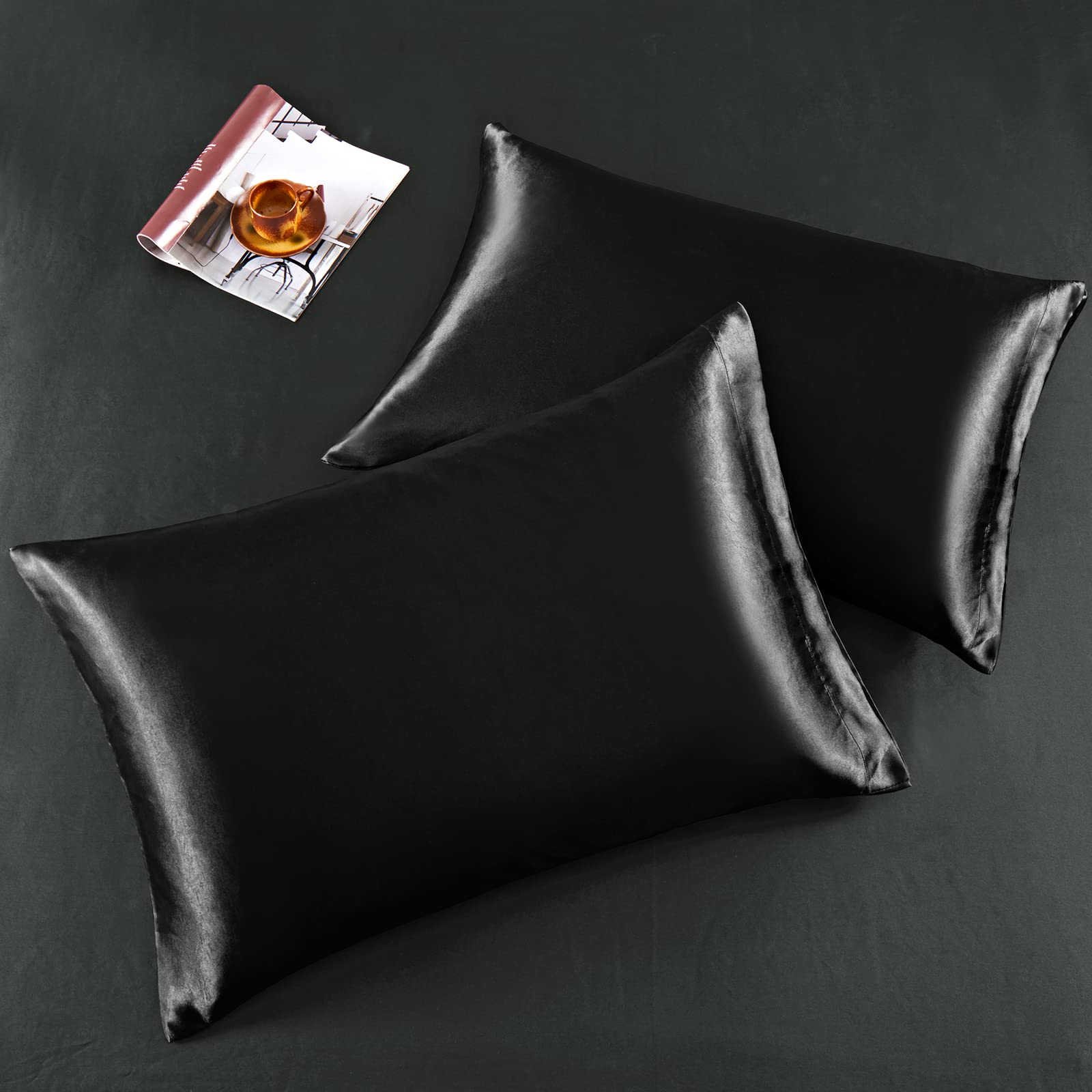 Horbaunal 6 Piece Satin Sheet Set Queen Size Luxury Silky & Soft Black Satin Queen Bed Sheet Set With 16'' Deep Pocket, 1 Fitted