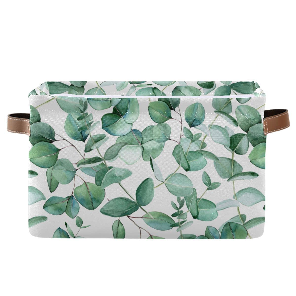 xigua Green Leaves Storage Basket Collapsible Toy Storage Bins Waterproof Canvas Storage Basket with Leather Handles for Home Cl