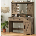 AOGLLATI Makeup Vanity with Lights & Barn Doors, Vanity Desk with Mirror and Lights & Charging Station, Farmhouse Brown Vanity T