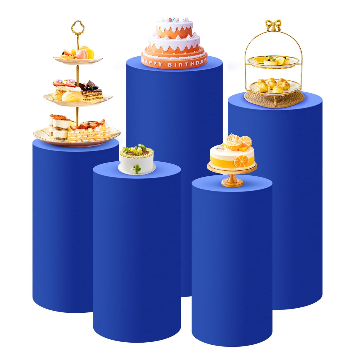 SaitiMade Set of 5 - Royal Blue Cylinder Pedestal Stand Covers, Flexible Cylinder Stand Covers for Party, Wedding or Birthday Ev