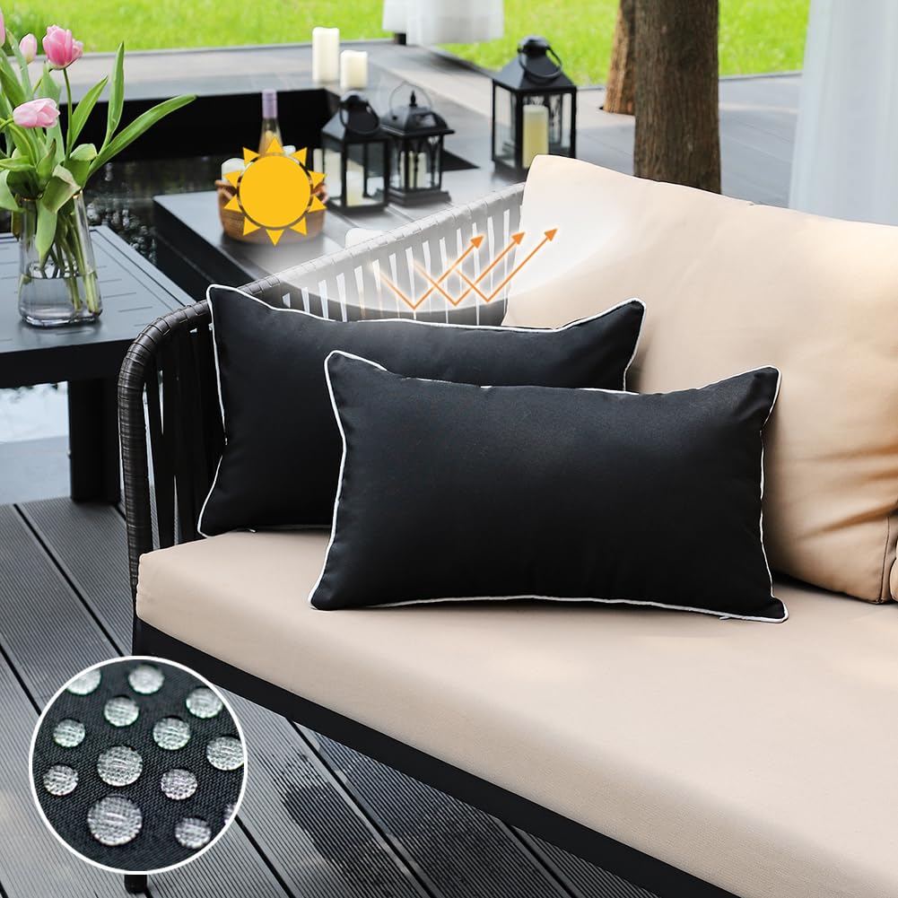Jojogogo Black Outdoor Waterproof Sun Fade Resistant Lumbar Pillow Covers 12X20 Set Of 2, Decorative Outdoor Pillows Cushion Cov