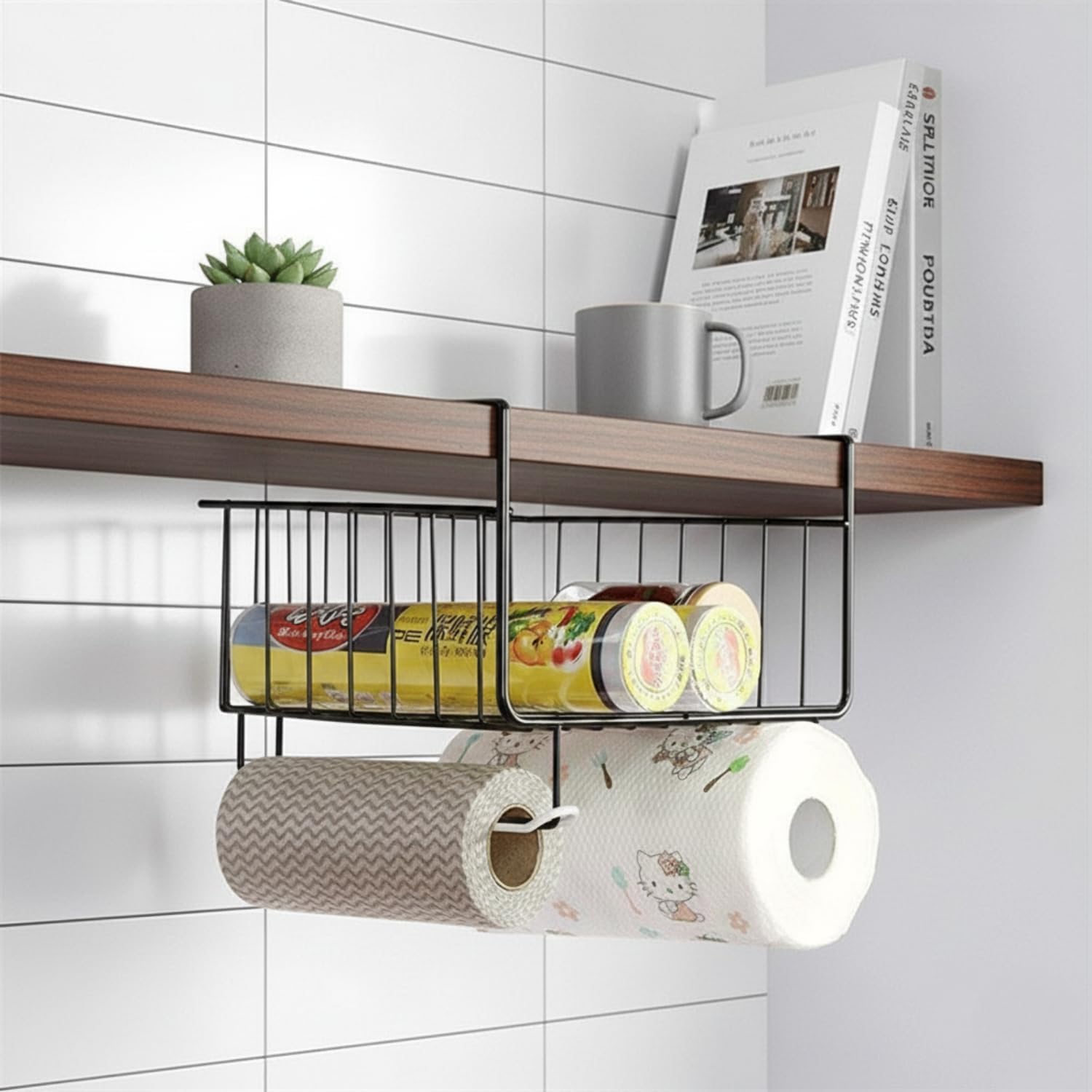 Handicraft Wala Under Shelf Storage Basket With Tissue Roll Holder, Metal Hanging Organizer Rack For Kitchen Cabinets, Pantry, B