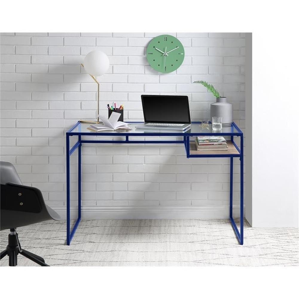 Acme Yasin Glass Rectangle Top 1-Shelf Writing Desk in Blue and Clear
