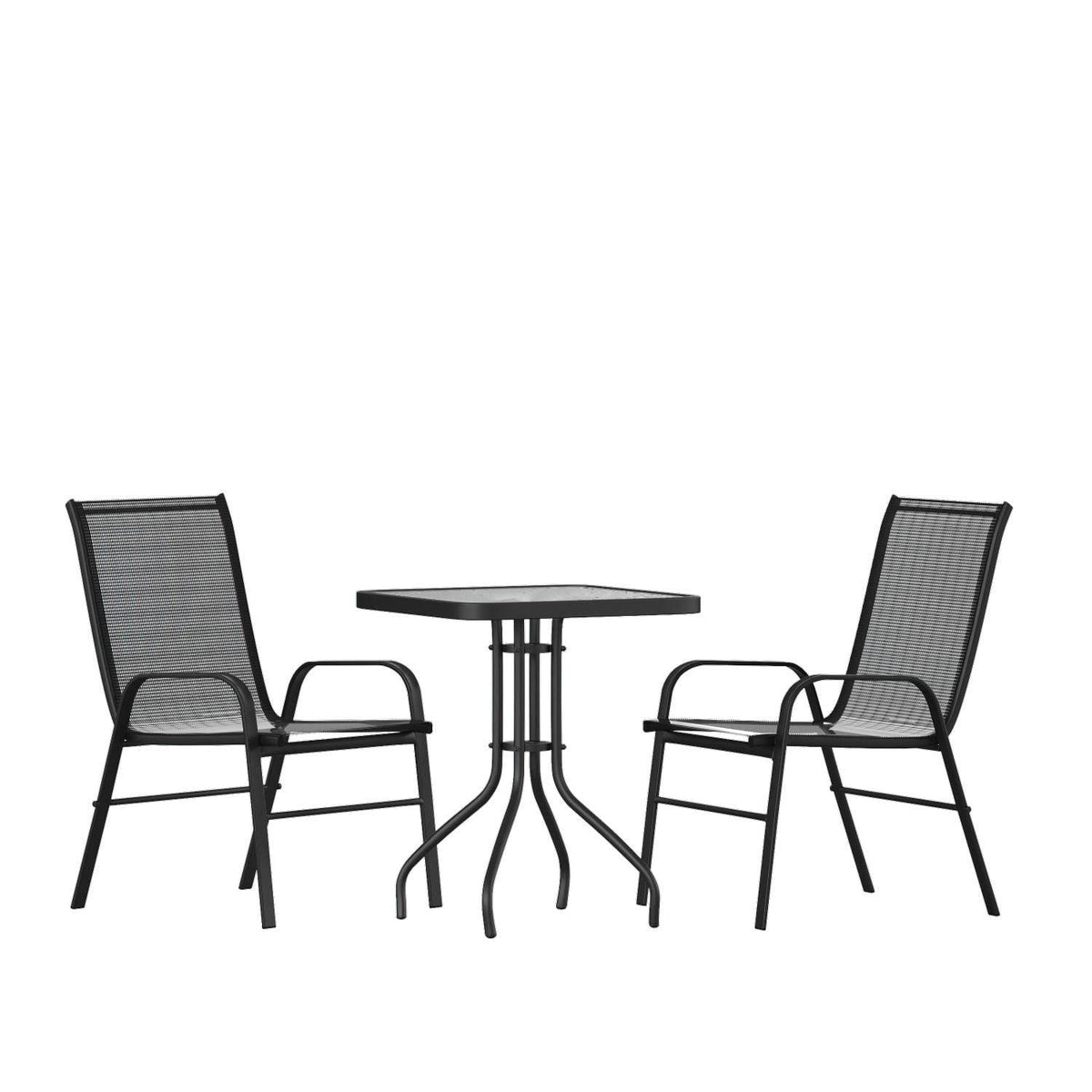 Flash Furniture 2 Flex Comfort Stack Chairs, 23.5&quot; Square Tempered Glass Patio Table, Black