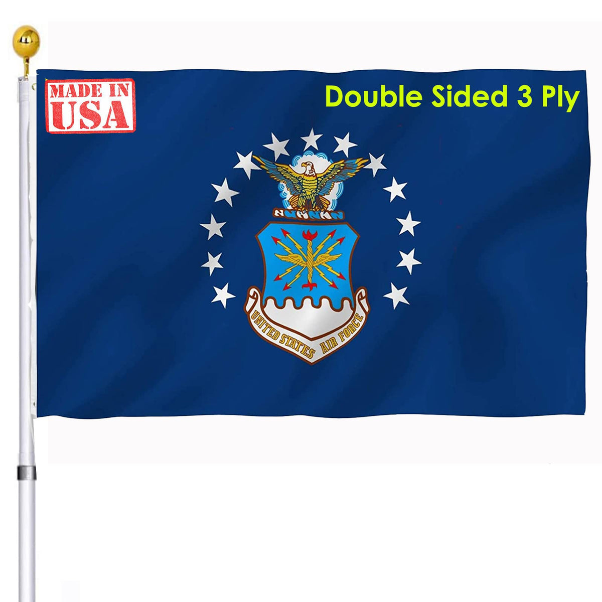 Air Force Us Military Flag Double Sided 3X5 Outdoor Made In Usa- United States Usaf Military Heavy Duty Flags With 2 Brass Gromm