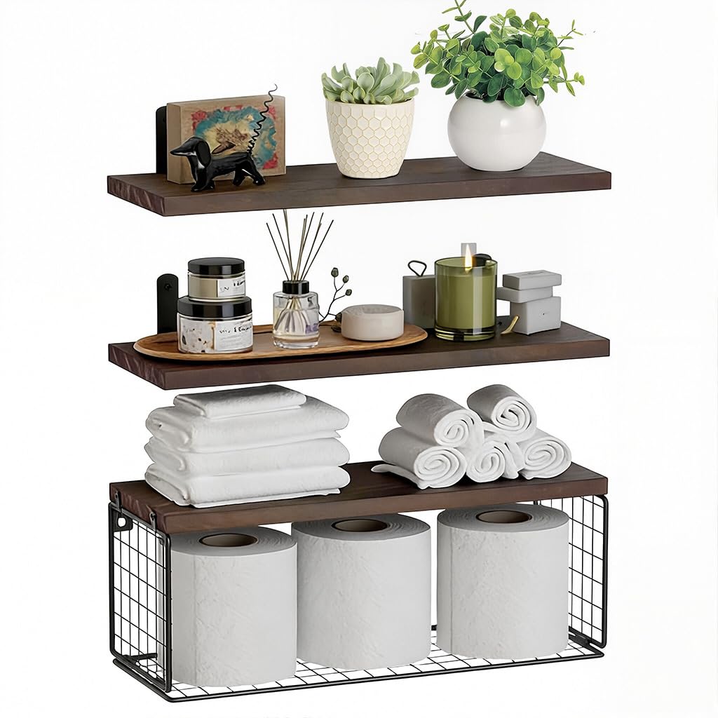 HASTHIP 3 Pack Wooden Wall Shelf  Floating Shelf for Wall Rack Shelfs Mounted Book Shelves for Living Room Multi Purpose Shelfs