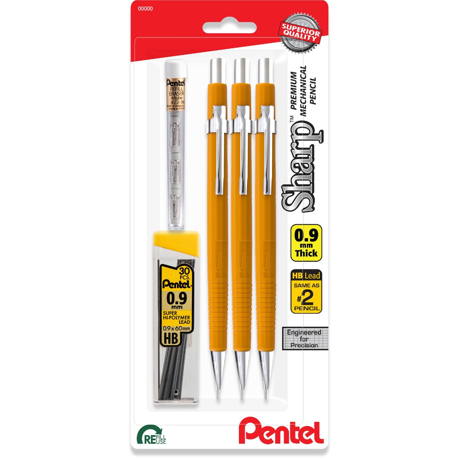 Pentel Sharp 0.9 Mechanical Pencil P209 - Yellow Barrel - Bold Line - Pack Of 2 Drafting Pencils With Lead & Eraser Refills