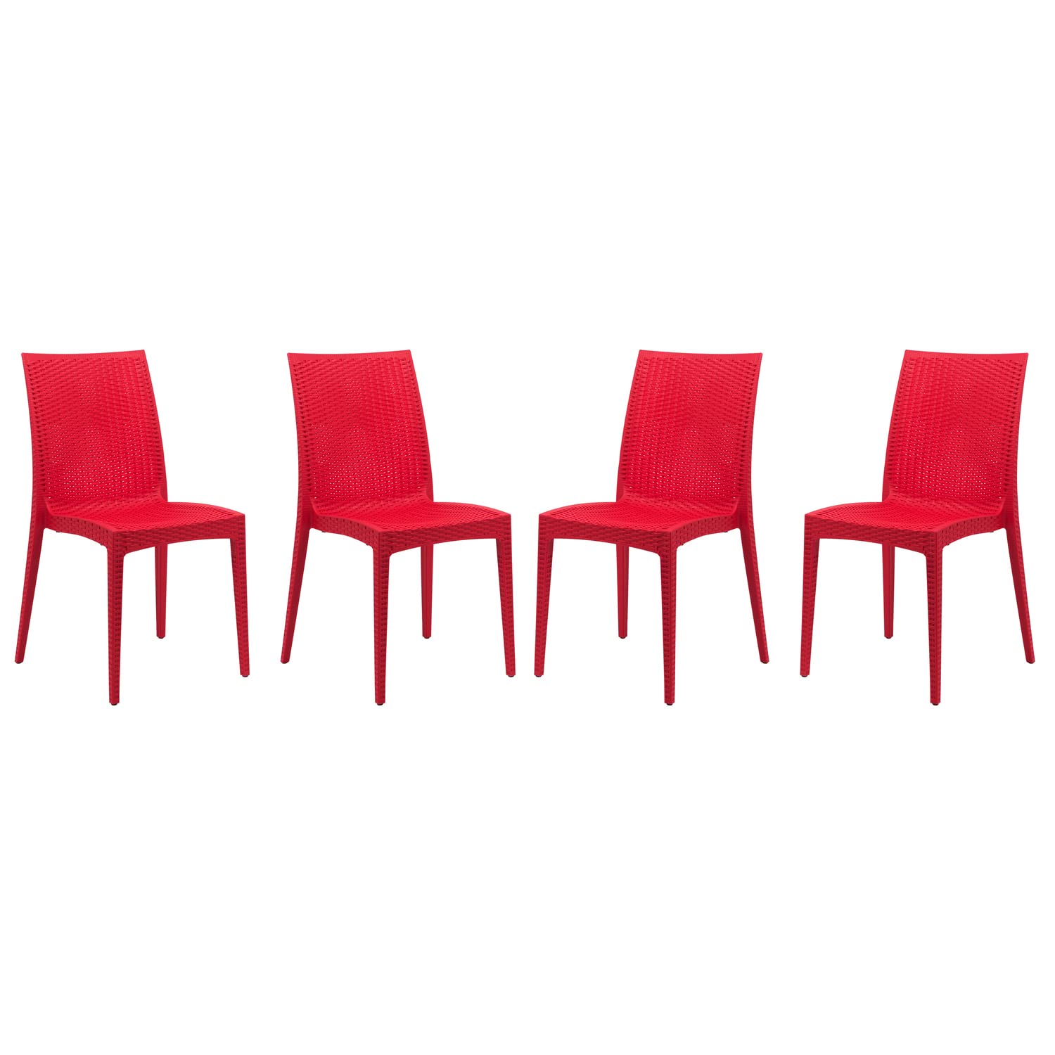 LeisureMod Modern Indoor/Outdoor Home Decorative Furniture Weave Mace Dining Chair (Armless), Set of 4 - Red