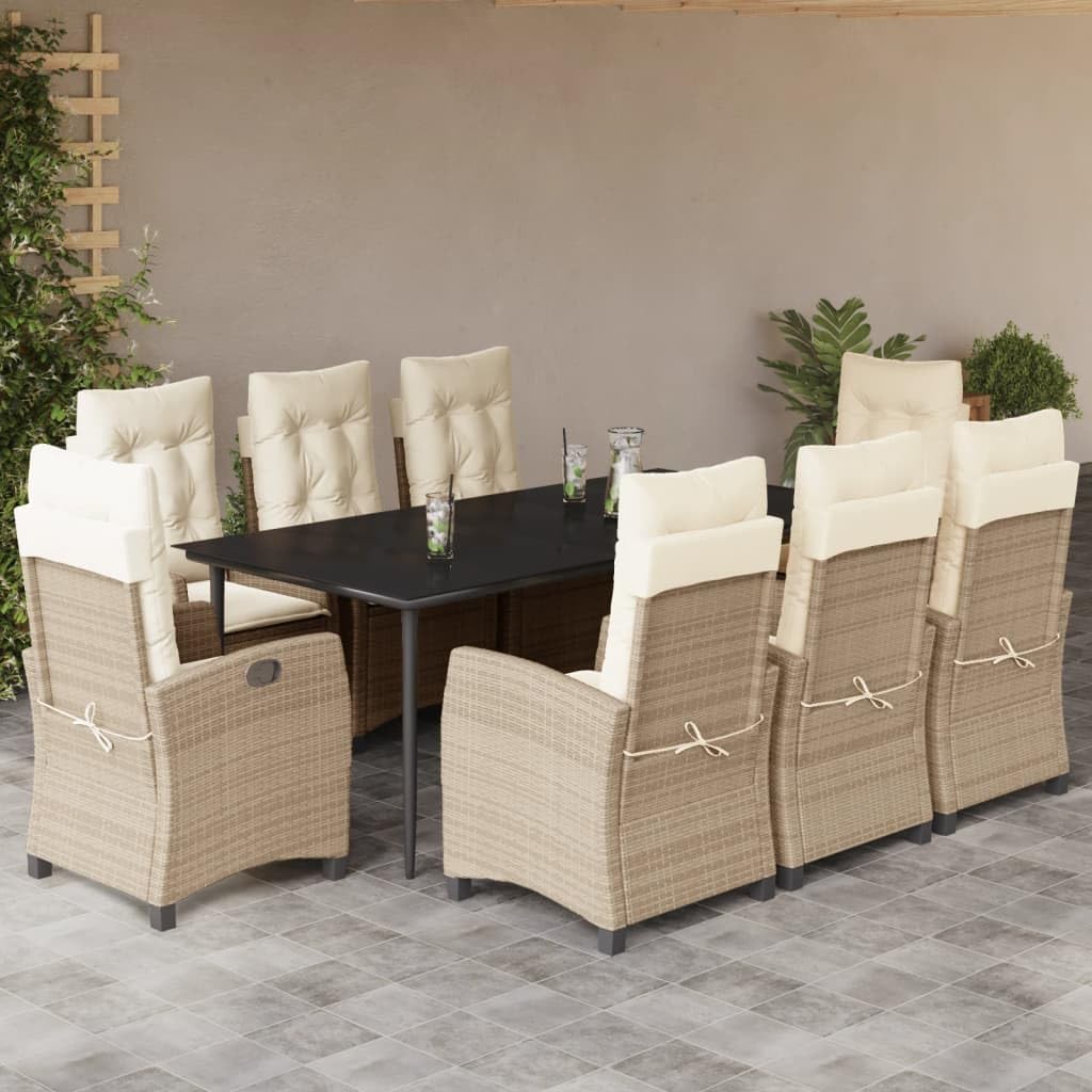 vidaXL 9 Piece Patio Dining Set – Beige Polyrattan Reclining Chairs, Glass Tabletop, Cushions, Ideal for Garden/Backyard/Patio