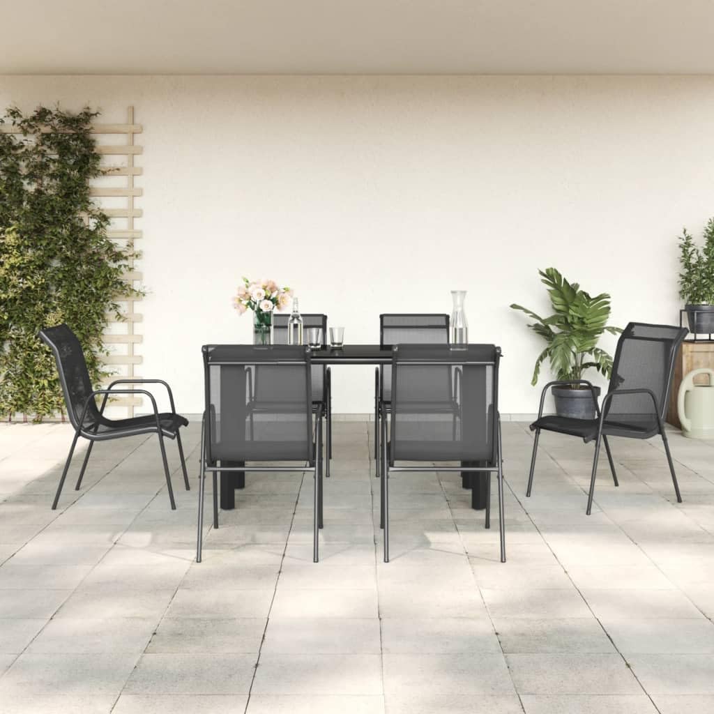 vidaXL Black 7-Piece Outdoor Dining Set - Powder-Coated Steel + Textilene Fabric, Featuring Tempered Glass Tabletop and Comfortable Armchairs