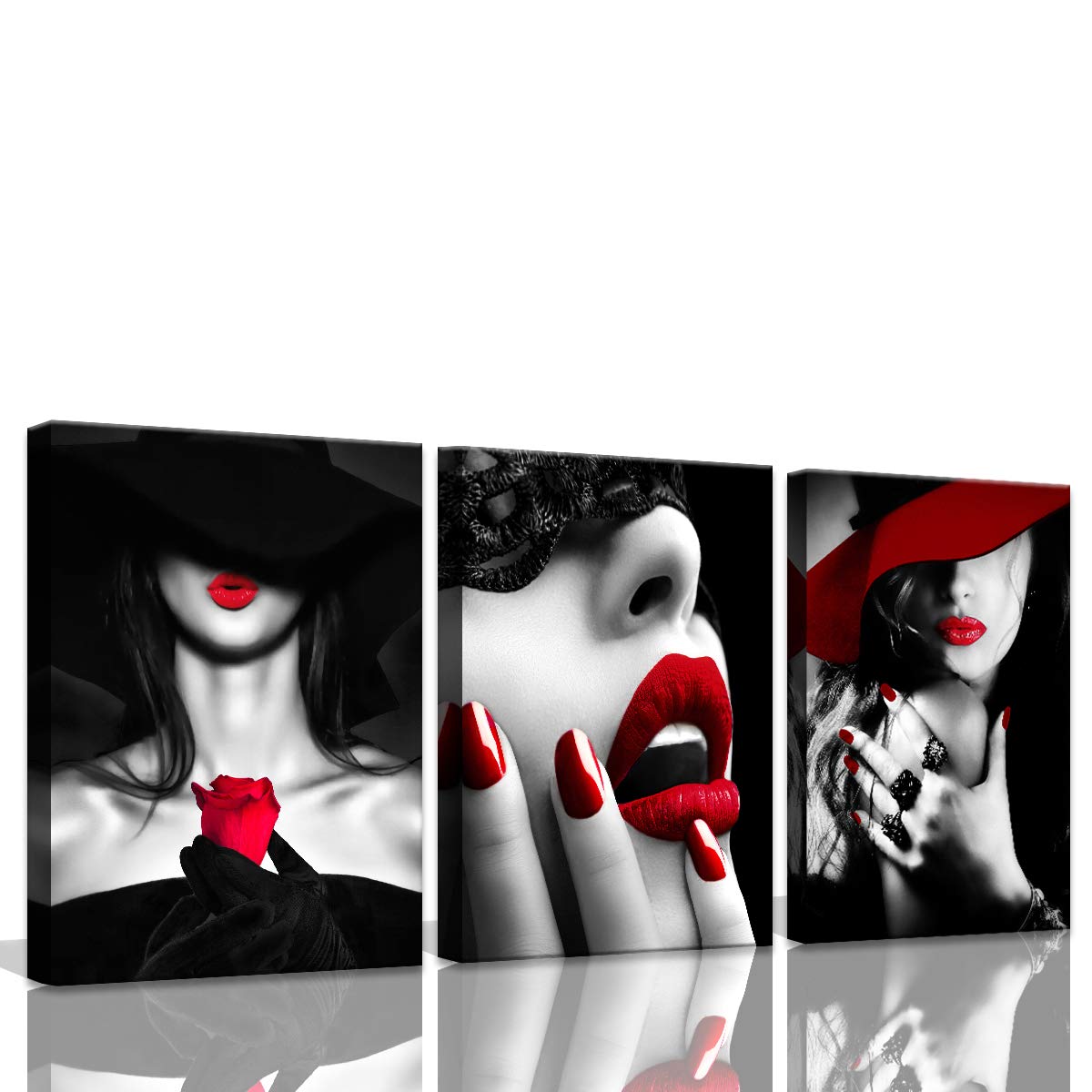 Bedroom Decor for Women Red Lips Black and White Bathroom decor wall art Red Rose Fashion Room Decor Office Modern Art Wall Deco