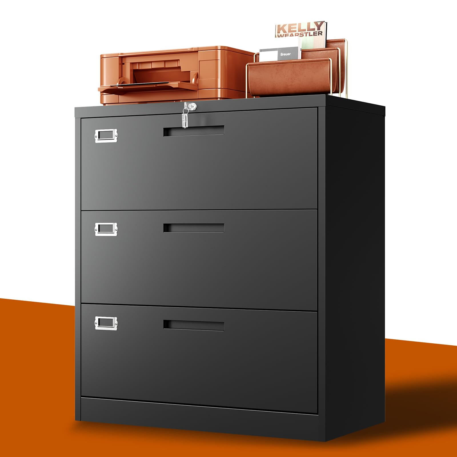 Bynsoe Lateral File Cabinet With Lock,Metal Filing Cabinet With 3 Drawer,Steel Lateral File Cabinet For Legal/Letter A4 Size,Wide File Cabinet For Office Home,Assembly Required