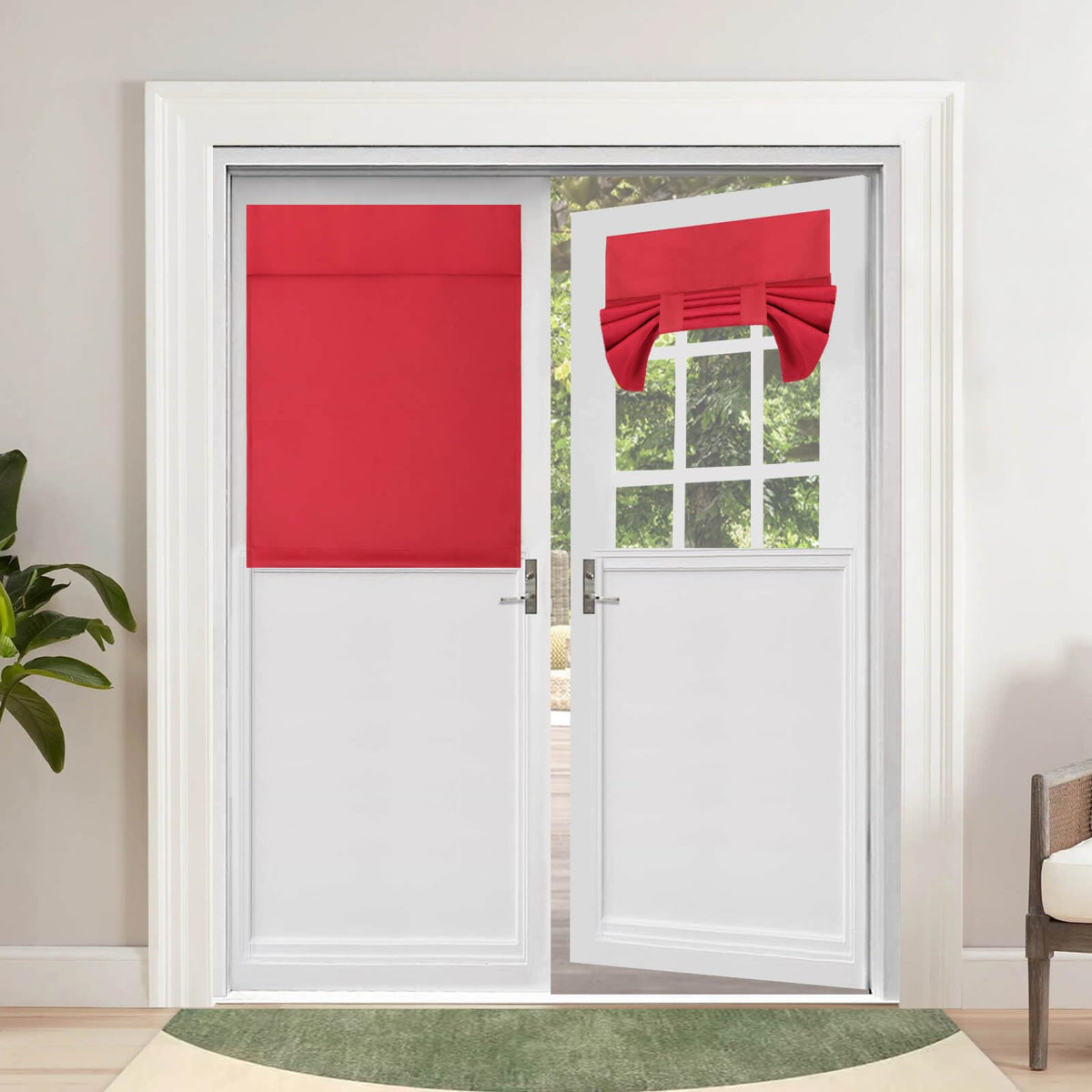 Outdoorlines Blackout French Door Curtains, Privacy Thermal Insulated Tie Up Glass Shades, Easy To Install Tricia Window Shade, Front Door Curtain, W26 X L40 Inch, Christmas Red, 2 Panels