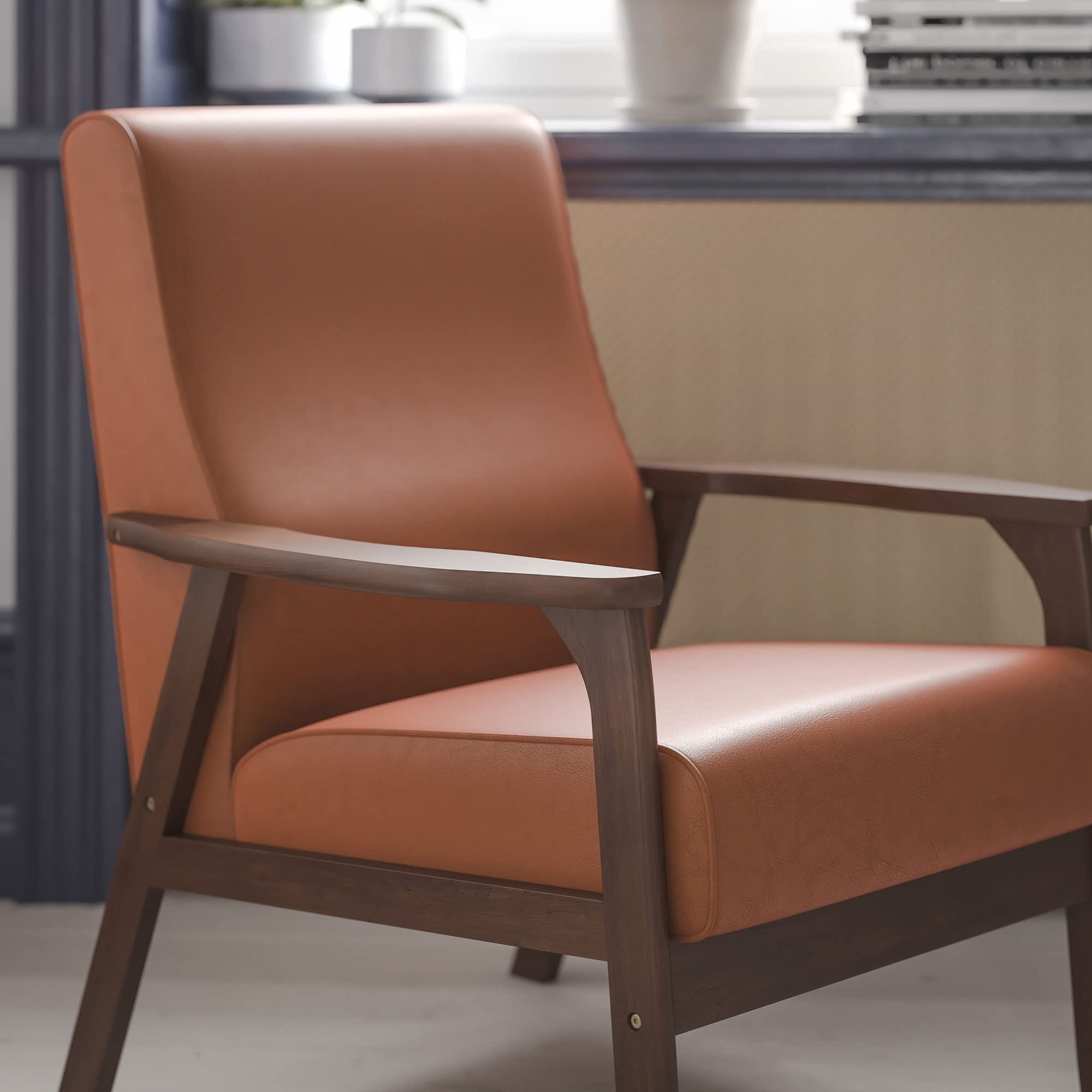 Flash Furniture Langston Commercial Mid Century Modern Chair - Cognac Leathersoft Upholstery - Walnut Finish Wooden Frame And Arms - Extra Supportive Sinuous Springs