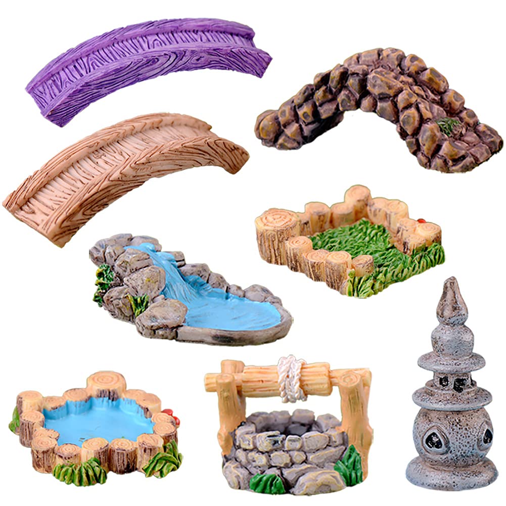 Maomia 8 Pcs Mini Lighthouse Water Well Bridge Figurines Miniature Gardening Pool Lawn Running Water Terrarium Stone Bridge Figu