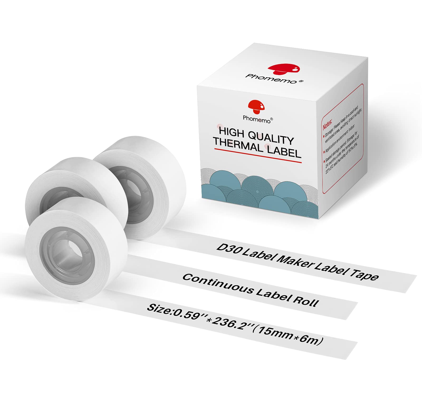 3 Rolls Phomemo D30 Labels,Thermal Continuous Label Maker Tape,0.59' X 20Ft Non-Precut Self-Adhesive Label Roll,Black On White