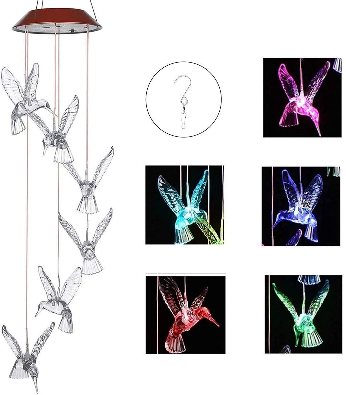 Image Wind Chimes Solar Hummingbird Wind Chime Color Changing Lights Outdoor Solar Lights Hanging Decorative Garden Lights For D